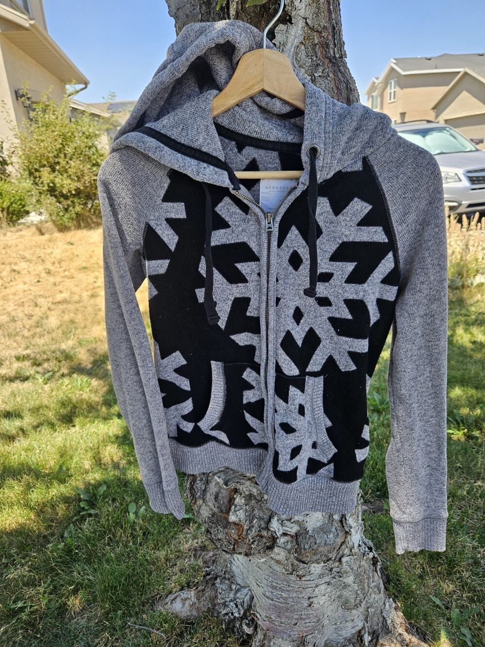 VTG Aeropostale Snowflake Knit Full Zip Sweater Hoodie Jacket Black Grey Medium